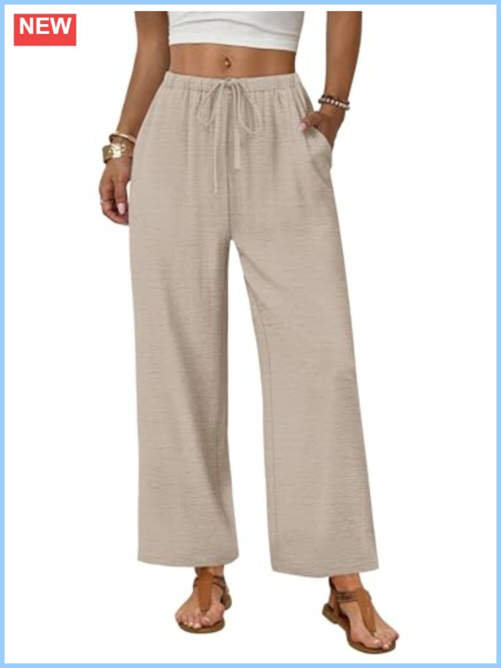 Wide Leg Palazzo Pants Drawstring Elastic Waist Trousers with Pockets